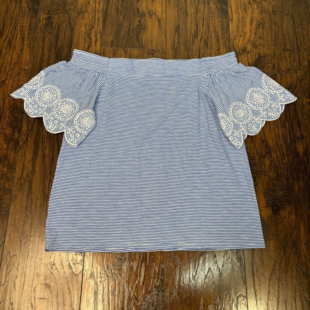 LOFT Top Medium Blue White Striped Off-the-Shoulder Eyelet Embroidered Cotton